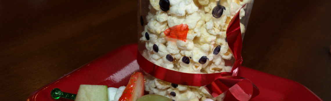 Snowman Popcorn Cups and Fruit Kabobs